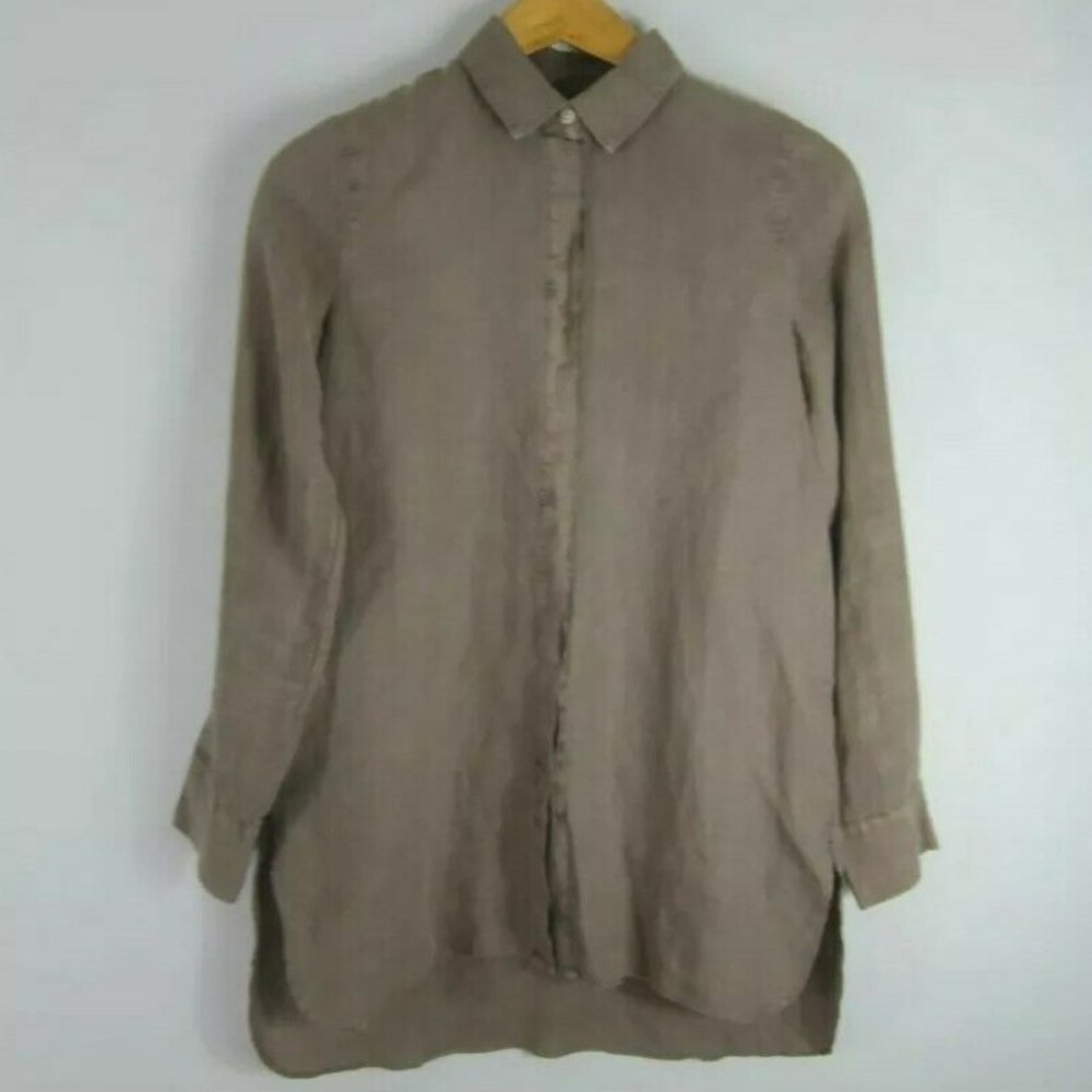 Tommy Bahama Womens Small Taupe Brown Long Sleeve Button Flax Linen Shirt Tunic